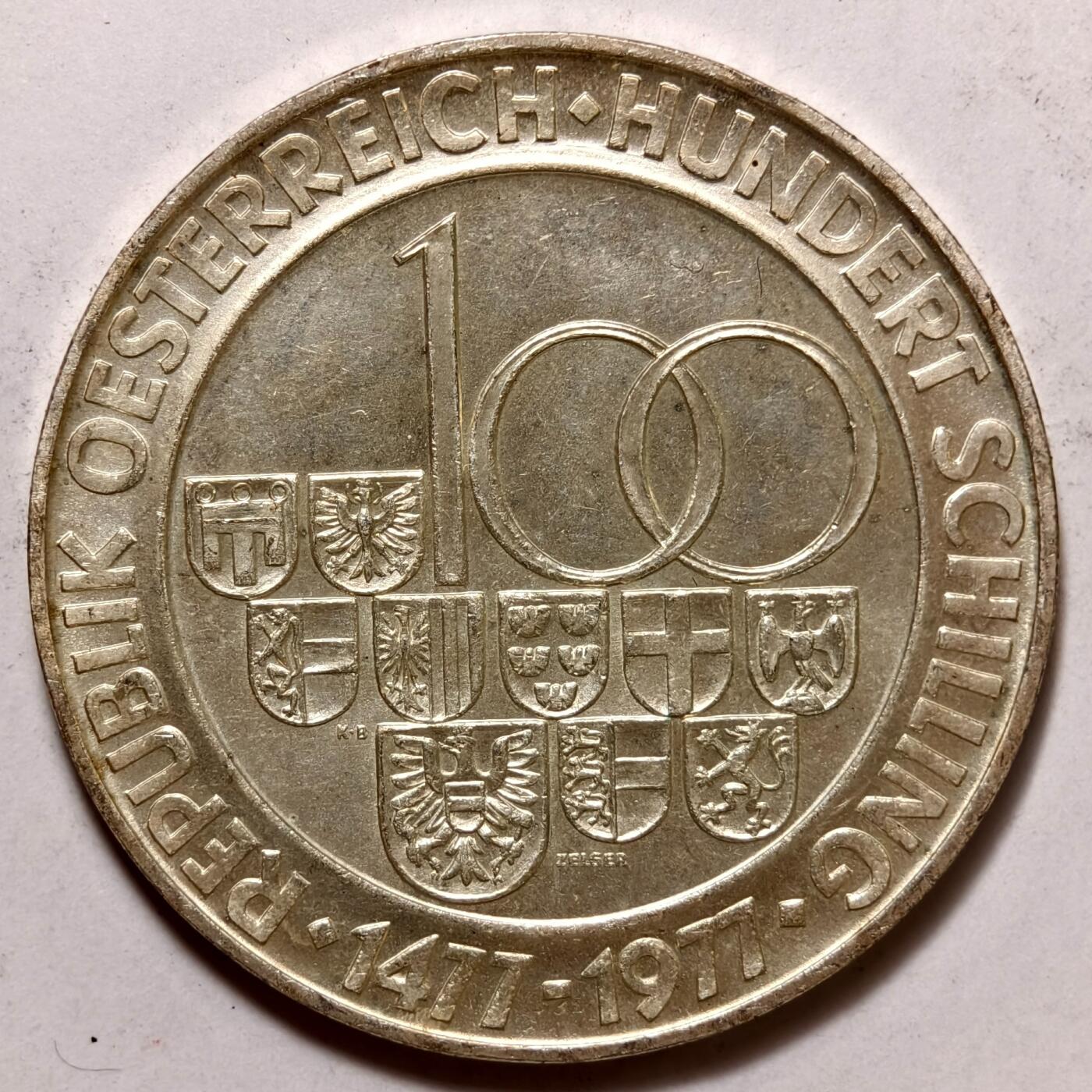 紫瑗钱币——第466期 奥地利 1977年 萨尔茨堡建市900周年 100先令 24克 0.64银 UNC