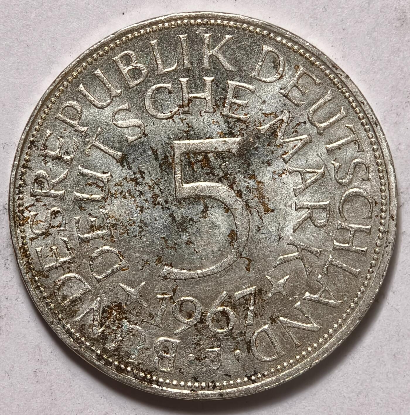 紫瑗钱币——第372期拍卖 联邦德国 1967年 J厂 流通 5马克 11.2 0.625银 UNC 少见厂