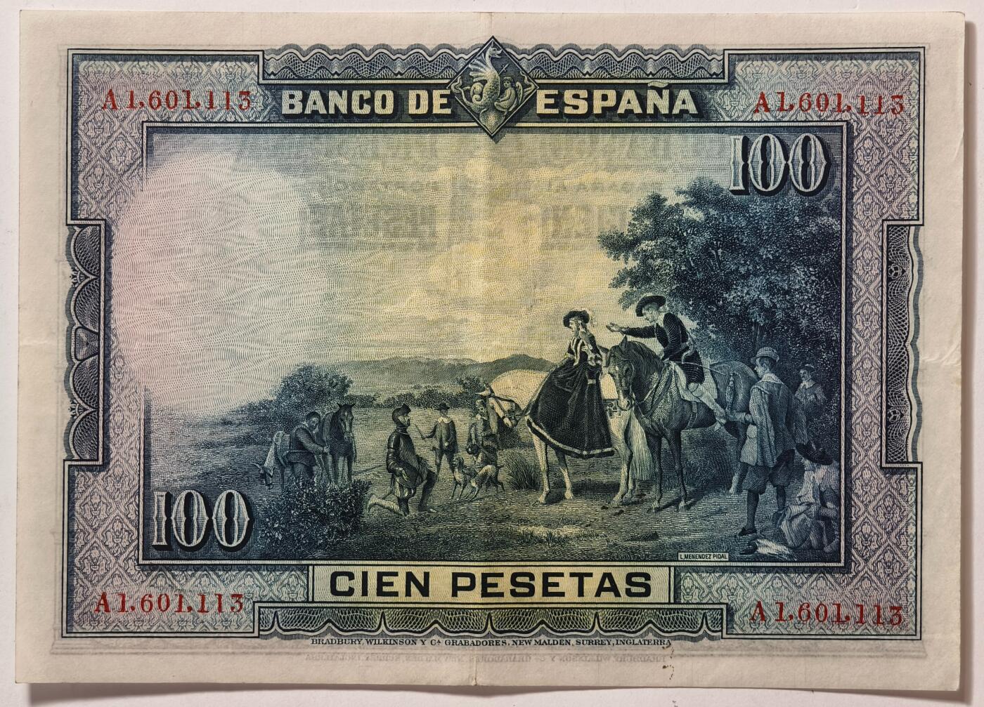 紫瑗钱币——第353期拍卖——纸币场  西班牙 1928年 中央银行 油画《唐吉坷德》 100比塞塔 AU