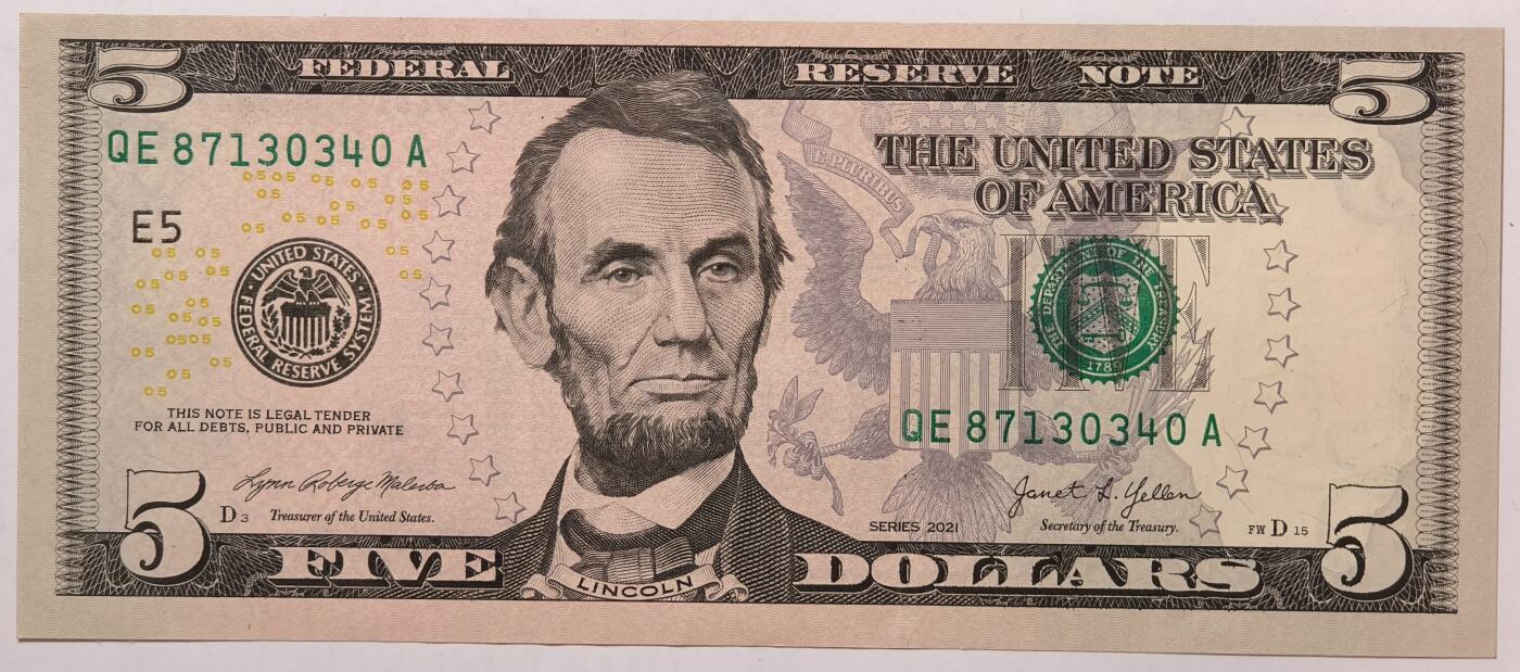 紫瑗钱币——第353期拍卖——纸币场 美国 2021年 E版 无序列 亚伯拉罕·林肯 5美元 彩色版 UNC