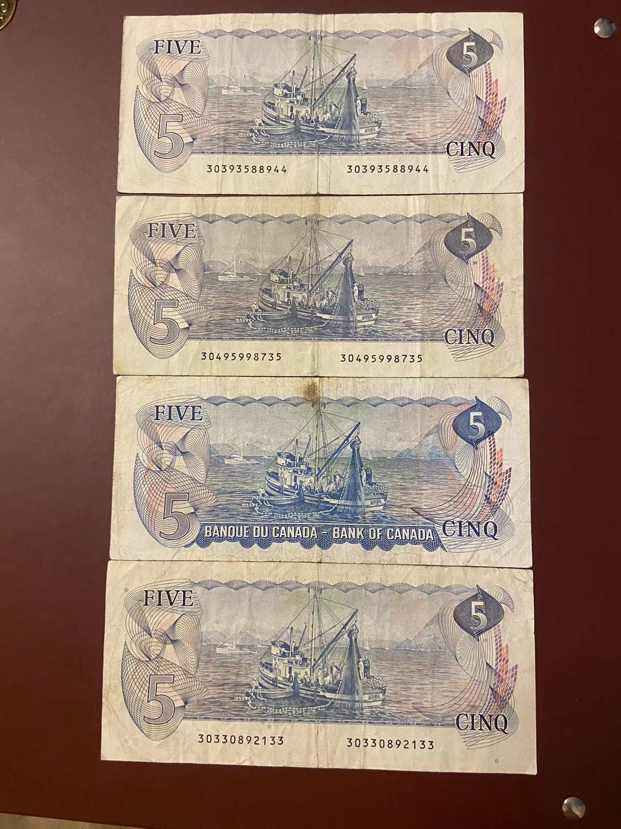 【炜奕收藏】旧钞专场，全场0+1，无最低佣金 4张早期加拿大景版5元纸币，XF-流通品相，有72年版和79年版