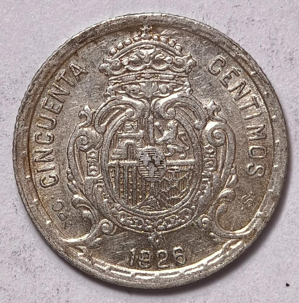 紫瑗钱币——第354期拍卖 西班牙 1926年 阿方索十三世 50分 2.5克 0.835银 UNC