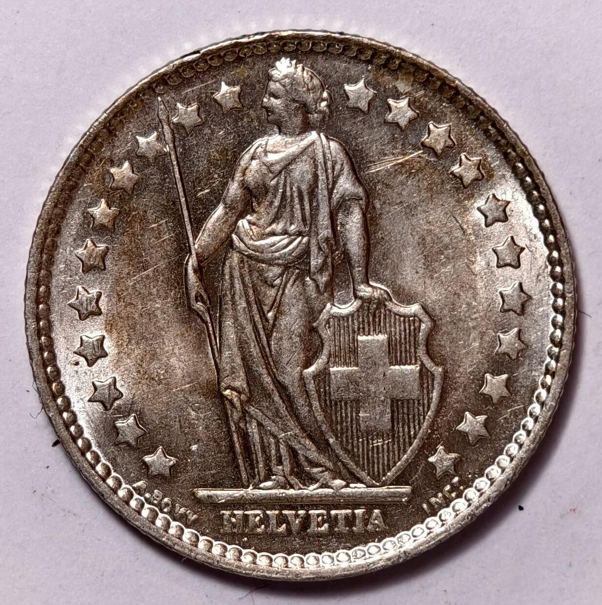 紫瑗钱币——第354期拍卖 瑞士 1963年 B版 赫尔维蒂女神 1法郎 5克 0.835银 UNC