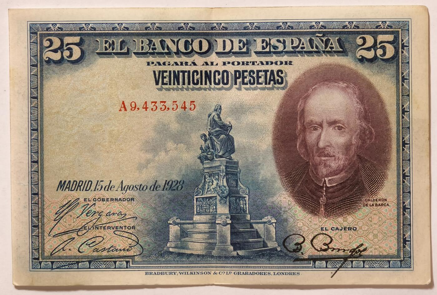 紫瑗钱币——第353期拍卖——纸币场 西班牙 1928年 卡尔德隆 25比塞塔 AU