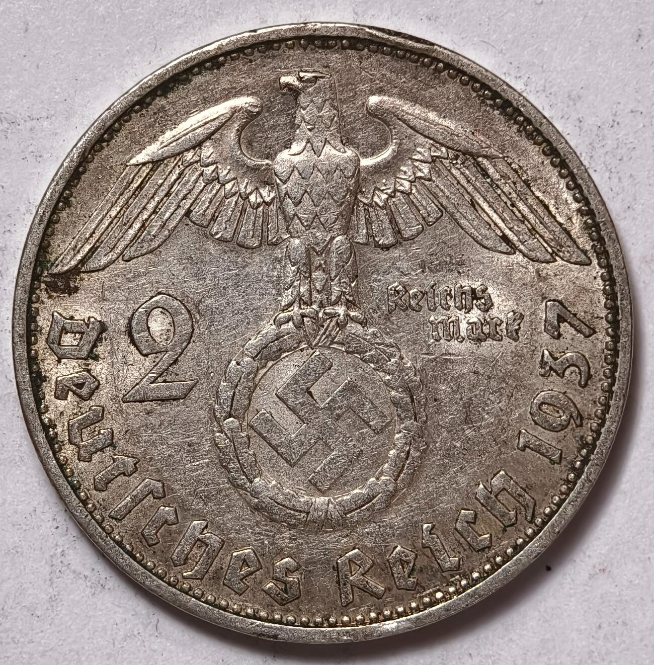 紫瑗钱币——第354期拍卖 德国 1937年 G版 兴登堡 字符 2马克 8克 0.625银