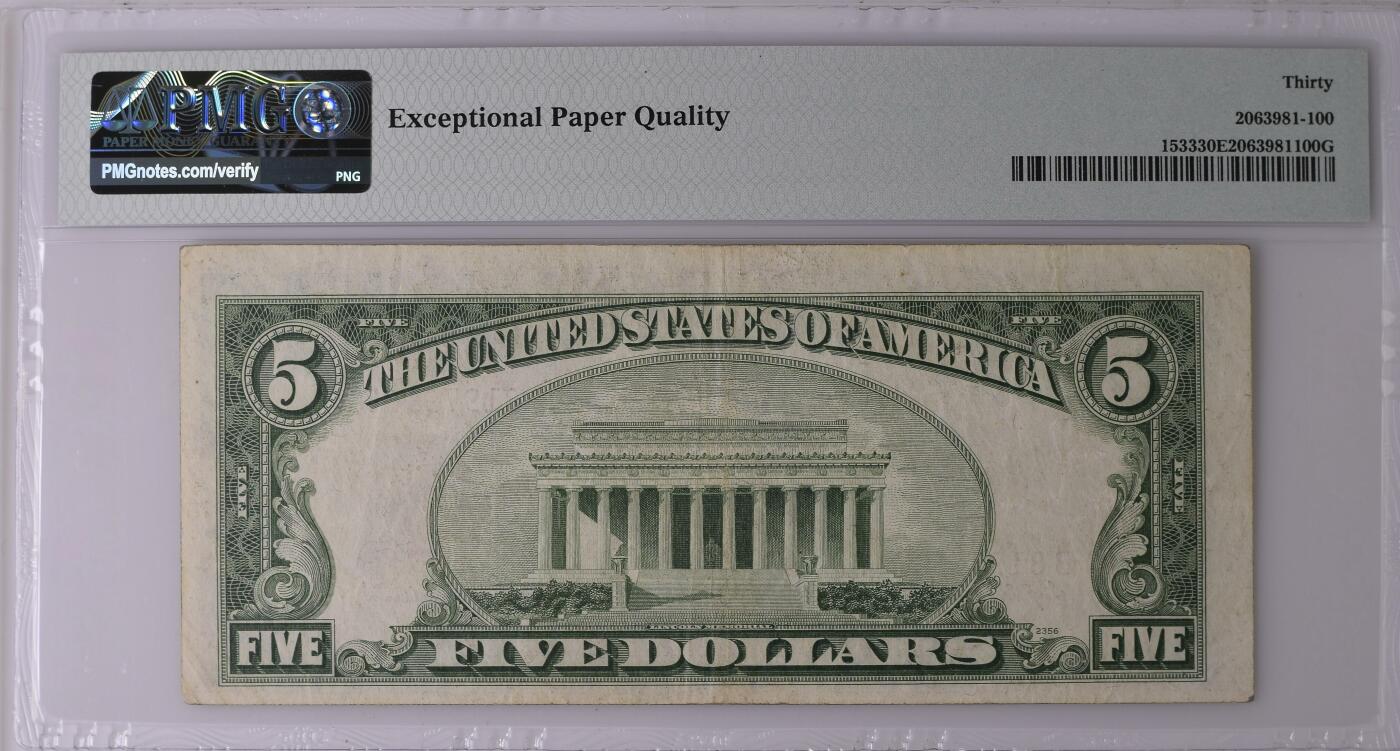 PMG美元专场 豹子身序列号:B81979997A 5美元红库印战争券Legal Tender Note, $5 1953A Small Size
