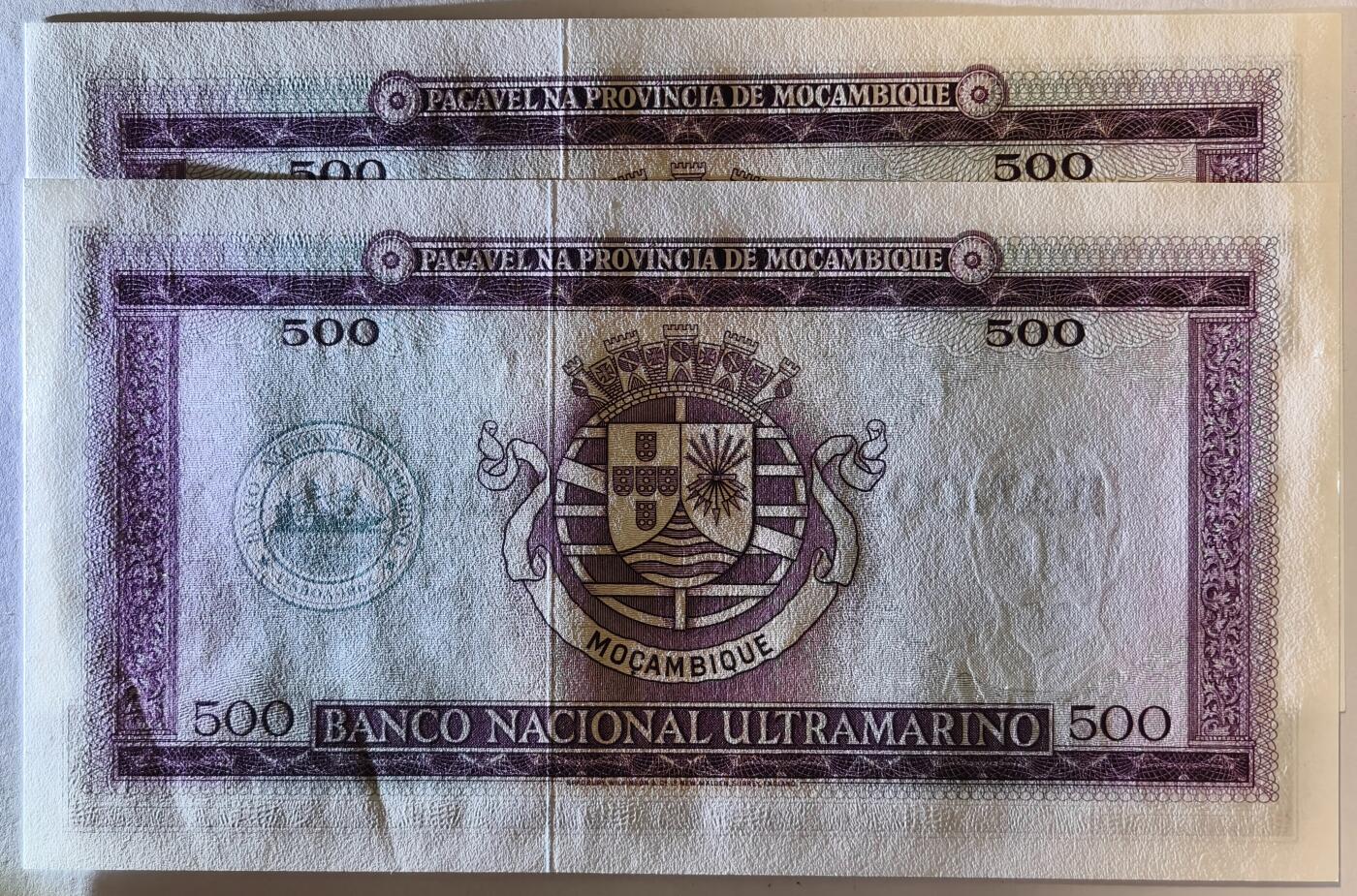 紫瑗钱币——第353期拍卖——纸币场 葡属莫桑比克 1967年 500埃斯库多 加盖 2张一组 UNC