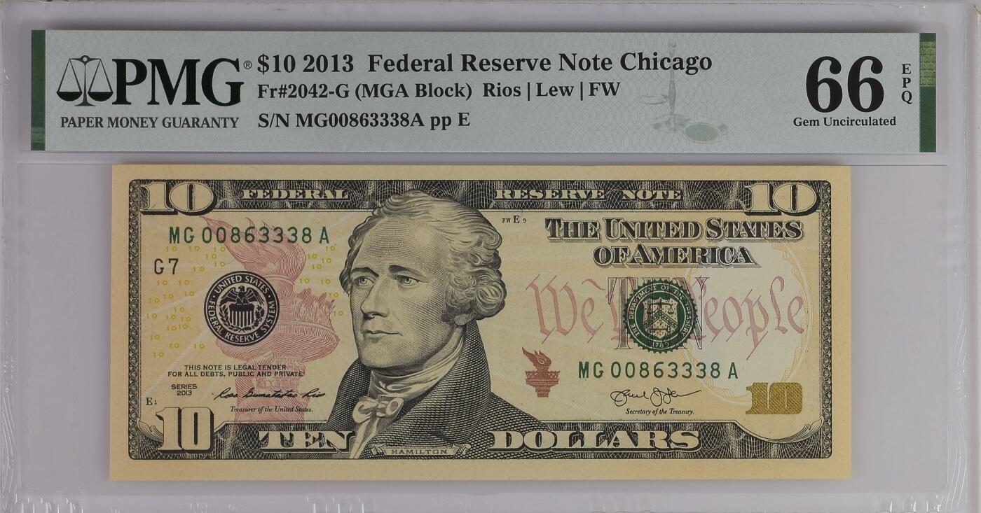 PMG美元专场 豹子身MGA冠序列号:MG00863338A 10美元绿库印联邦券Federal Reserve Note Chicago, $10 2013 Small Size