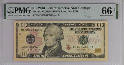 PMG美元专场 - 豹子身MGA冠序列号:MG00863338A 10美元绿库印联邦券Federal Reserve Note Chicago, $10 2013 Small Size