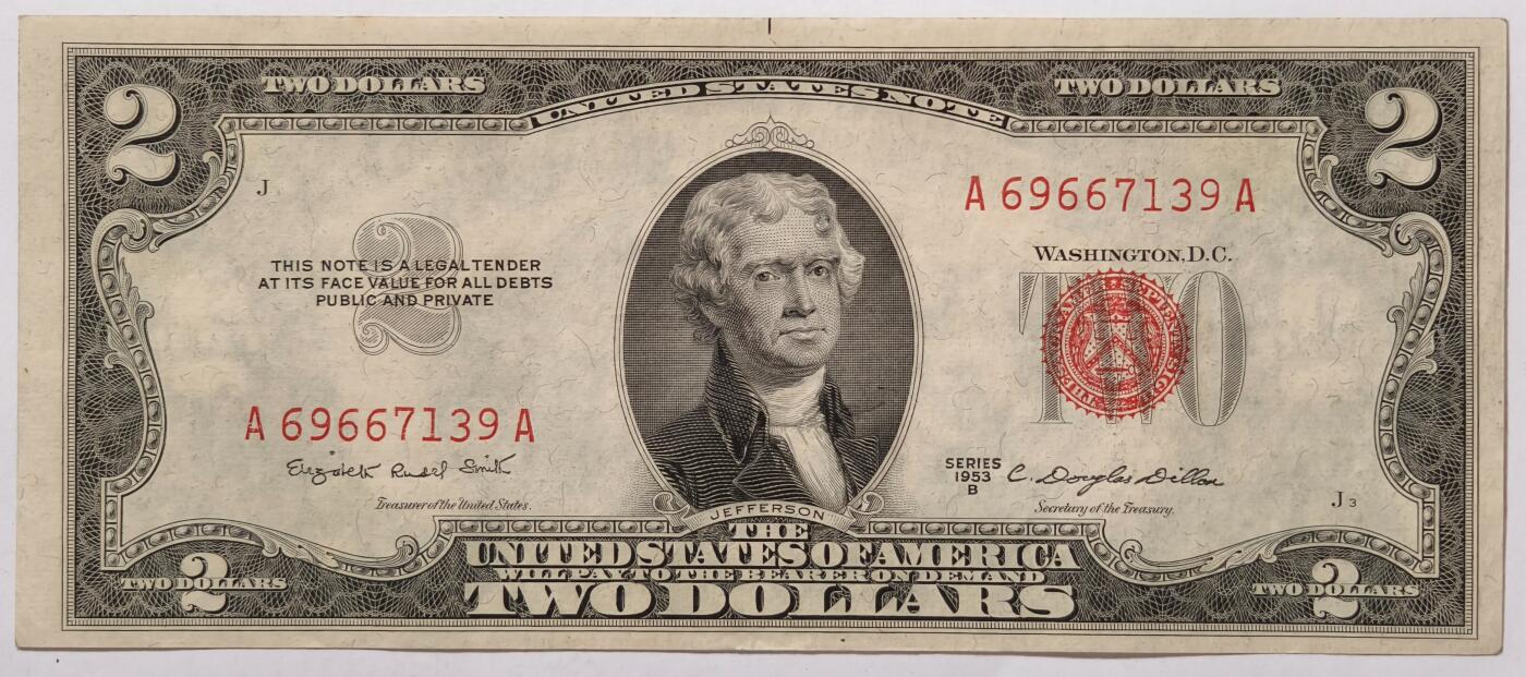 紫瑗钱币——第353期拍卖——纸币场 美国 1953年 B序列 托马斯·杰斐逊 2美元 红印 政府券 UNC-