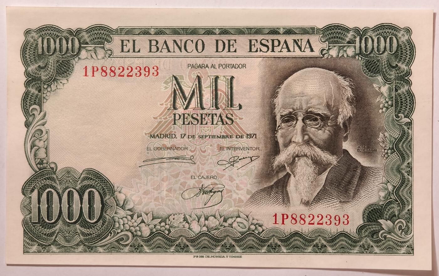 紫瑗钱币——第353期拍卖——纸币场 西班牙 1971(1974)年 何塞·埃切加赖 1000比塞塔 UNC (P-154)