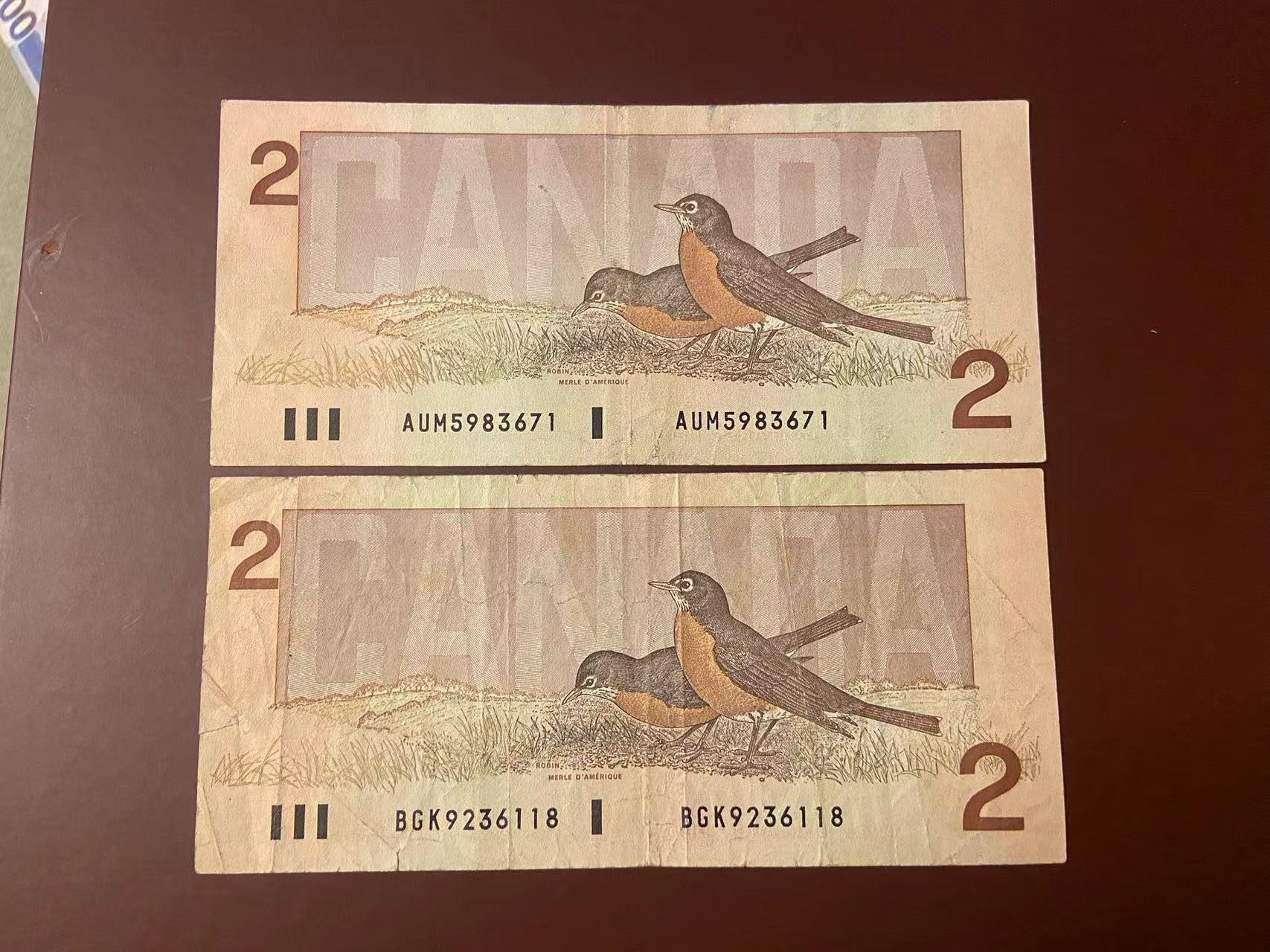 【炜奕收藏】旧钞专场，全场0+1，无最低佣金 两张早期加拿大鸟版2元纸币，XF-流通品相