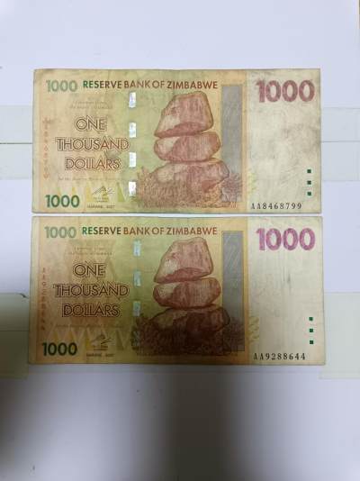 【20240526】非全新纸币第139场 - 津巴布韦1000元2张纸币，首张尾号799。全新单价35元。