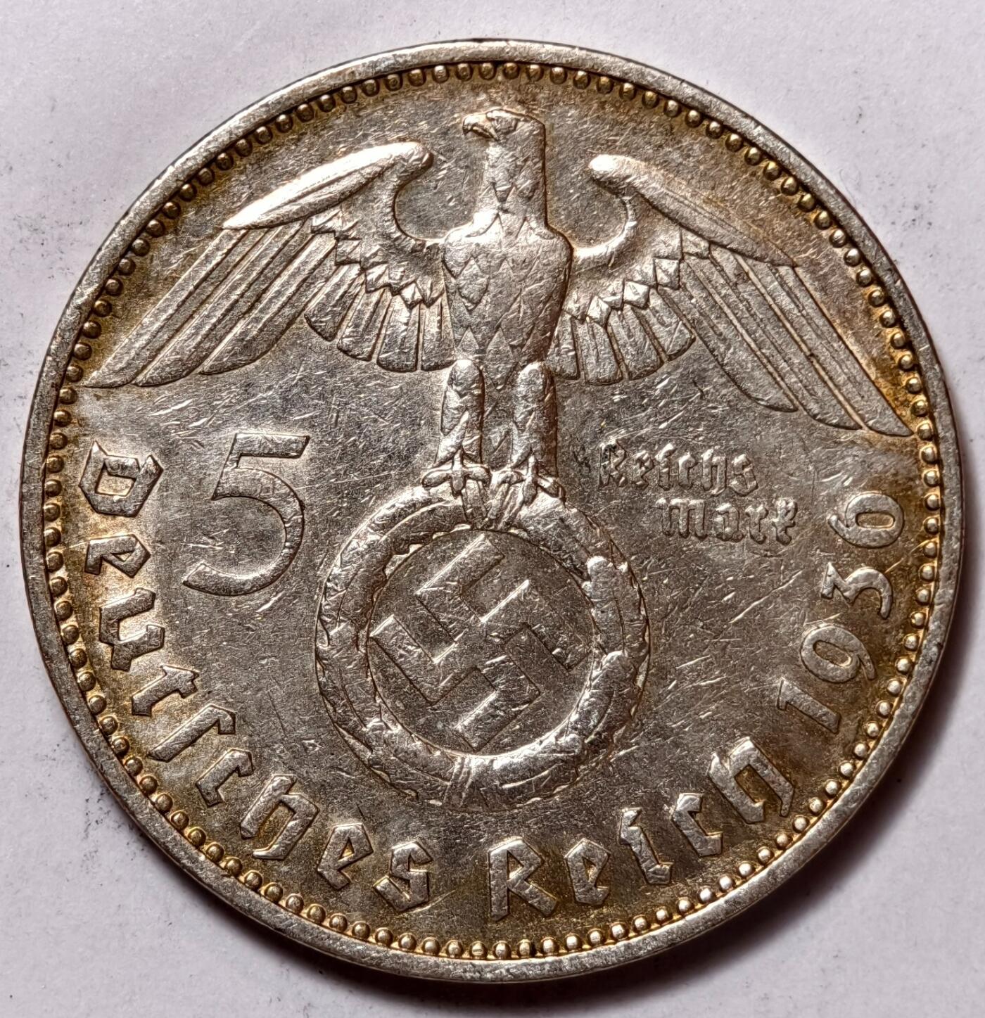 紫瑗钱币——第354期拍卖 德国 1936年 J版 兴登堡 字符 5马克 13.9克 0.9银