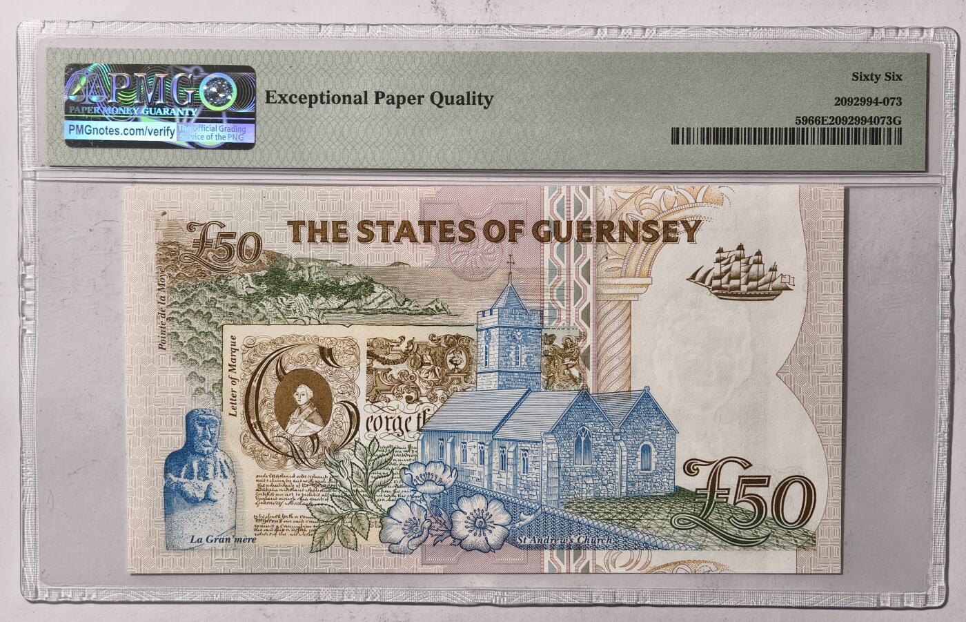 紫瑗钱币——第353期拍卖——纸币场 【首发A冠 PMG 66EPQ】格恩西 1994年 伊丽莎白二世 高冠 50磅 (P-59)