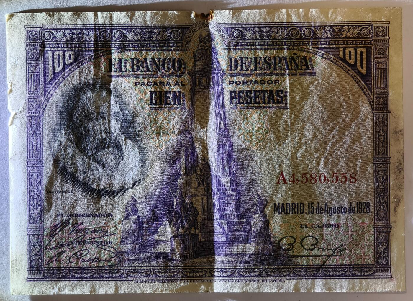 紫瑗钱币——第353期拍卖——纸币场 西班牙 1928年 中央银行 油画《唐吉坷德》 100比塞塔 AU