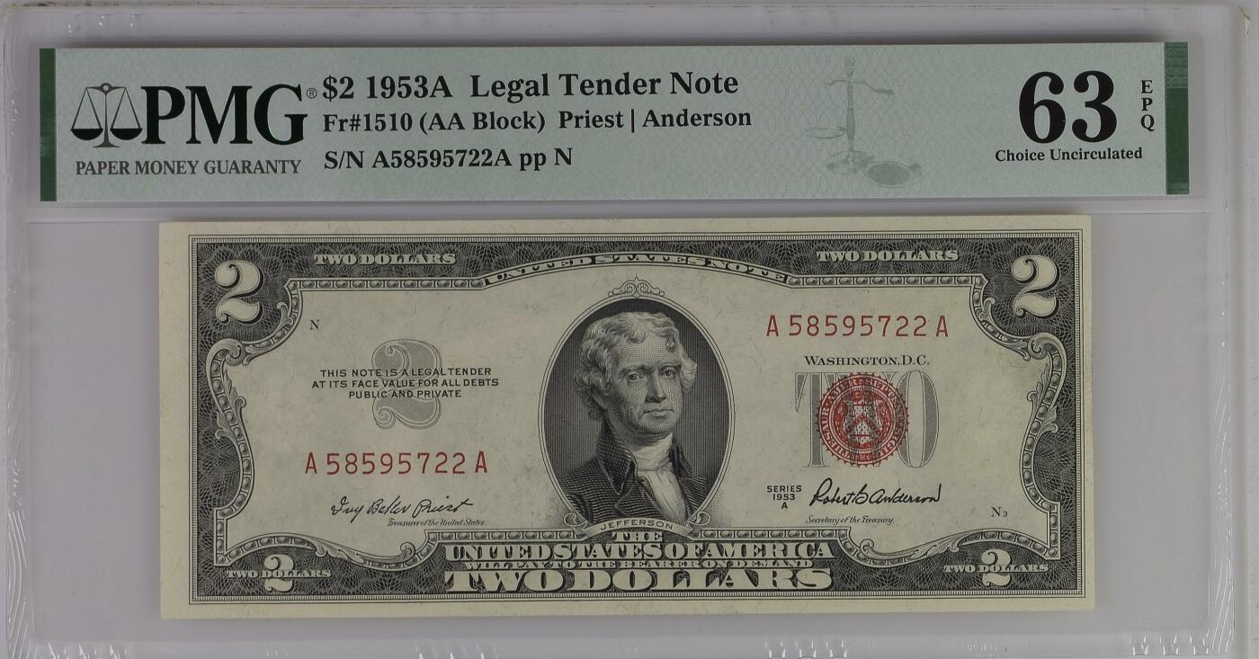 PMG美元专场 AA首发冠A58595722A(大斜切）2美元红库印战争券Legal Tender Note, $2 1953A Small Size