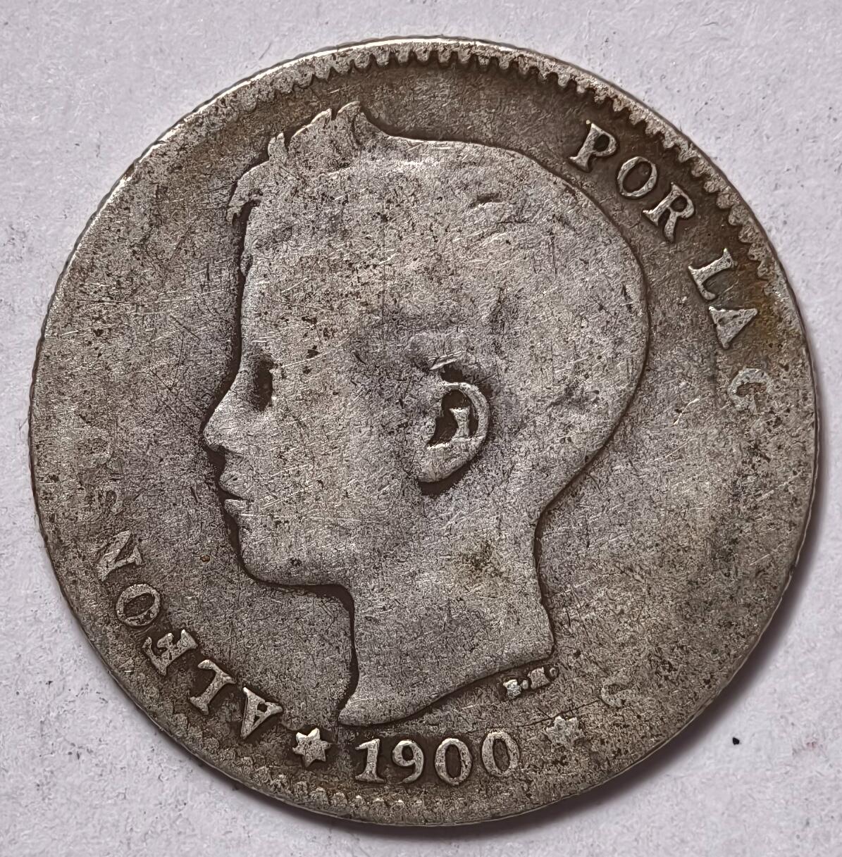 紫瑗钱币——第354期拍卖 西班牙 1900年 阿方索十三世 少年头 1比塞塔 5克 0.835银