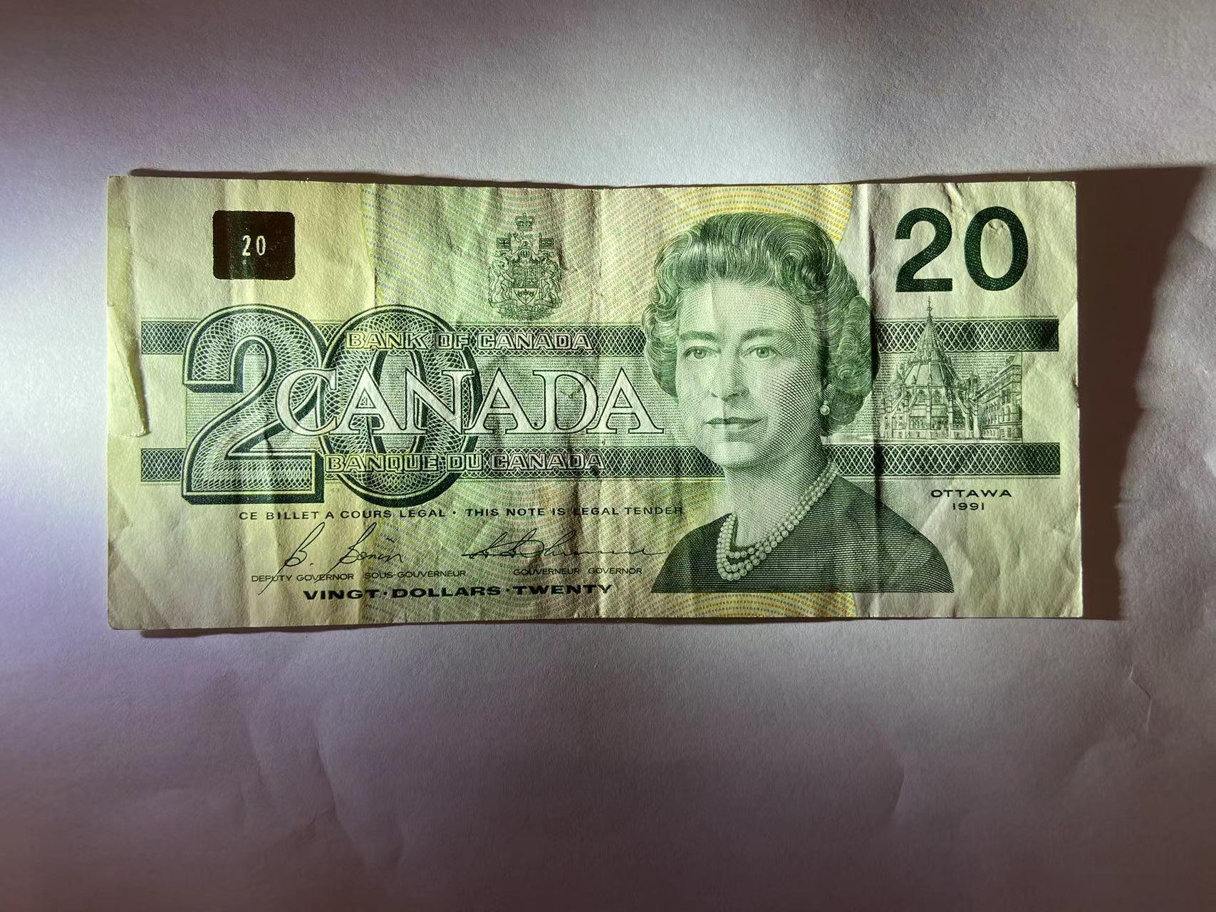 【炜奕收藏】旧钞专场，全场0+1，无最低佣金 早期加拿大鸟版20元纸币，XF品相