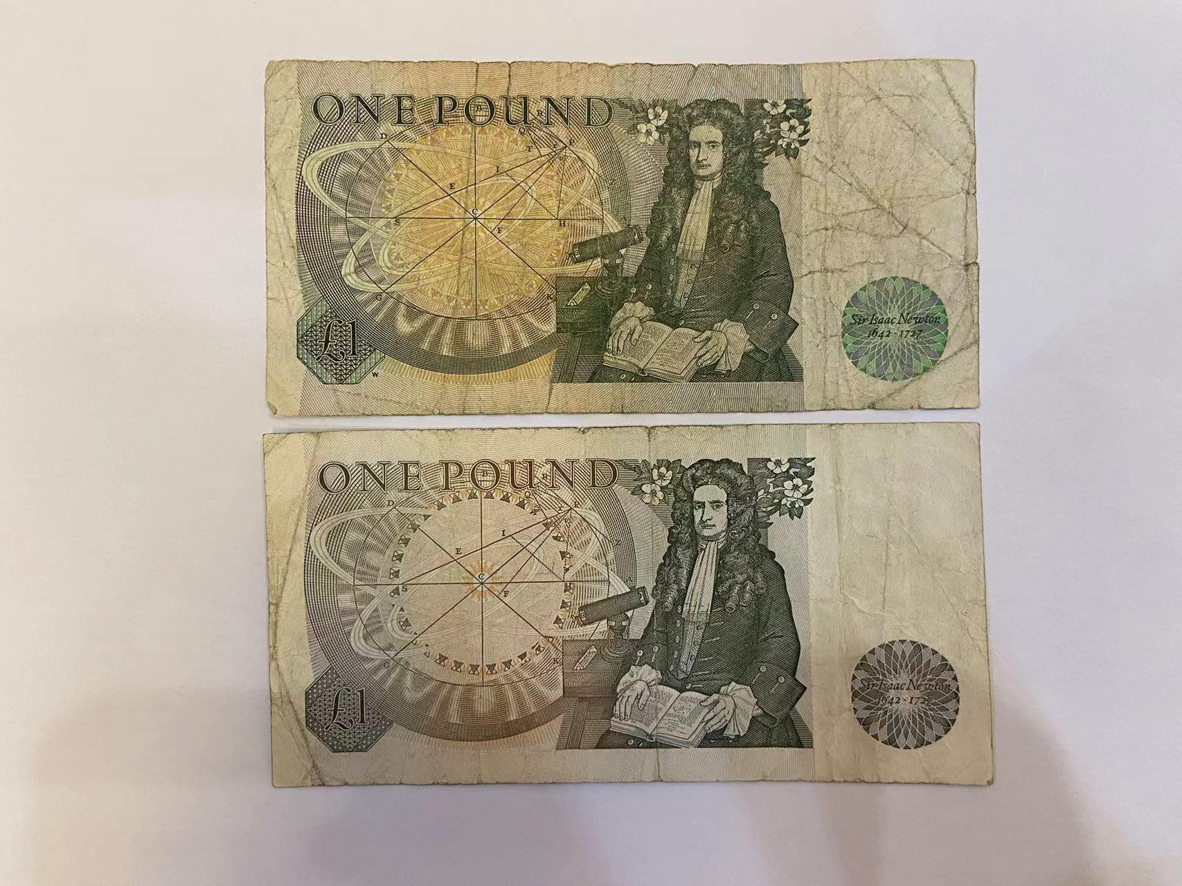 【炜奕收藏】旧钞专场，全场0+1，无最低佣金 两张英国D序列1磅纸币，流通品相