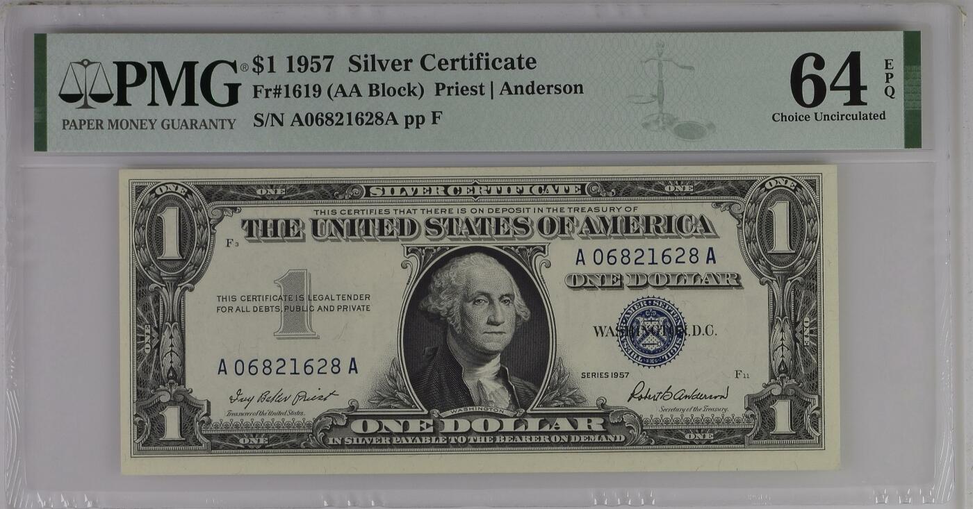 PMG美元专场 AA首发冠A06821628A 1美元蓝库印银圆券Silver Certificate, $1 1957 Small Size