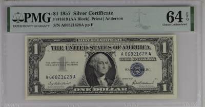 PMG美元专场 - AA首发冠A06821628A 1美元蓝库印银圆券Silver Certificate, $1 1957 Small Size