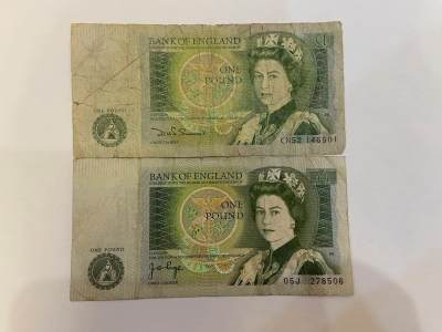 【炜奕收藏】旧钞专场，全场0+1，无最低佣金 - 两张英国D序列1磅纸币，流通品相