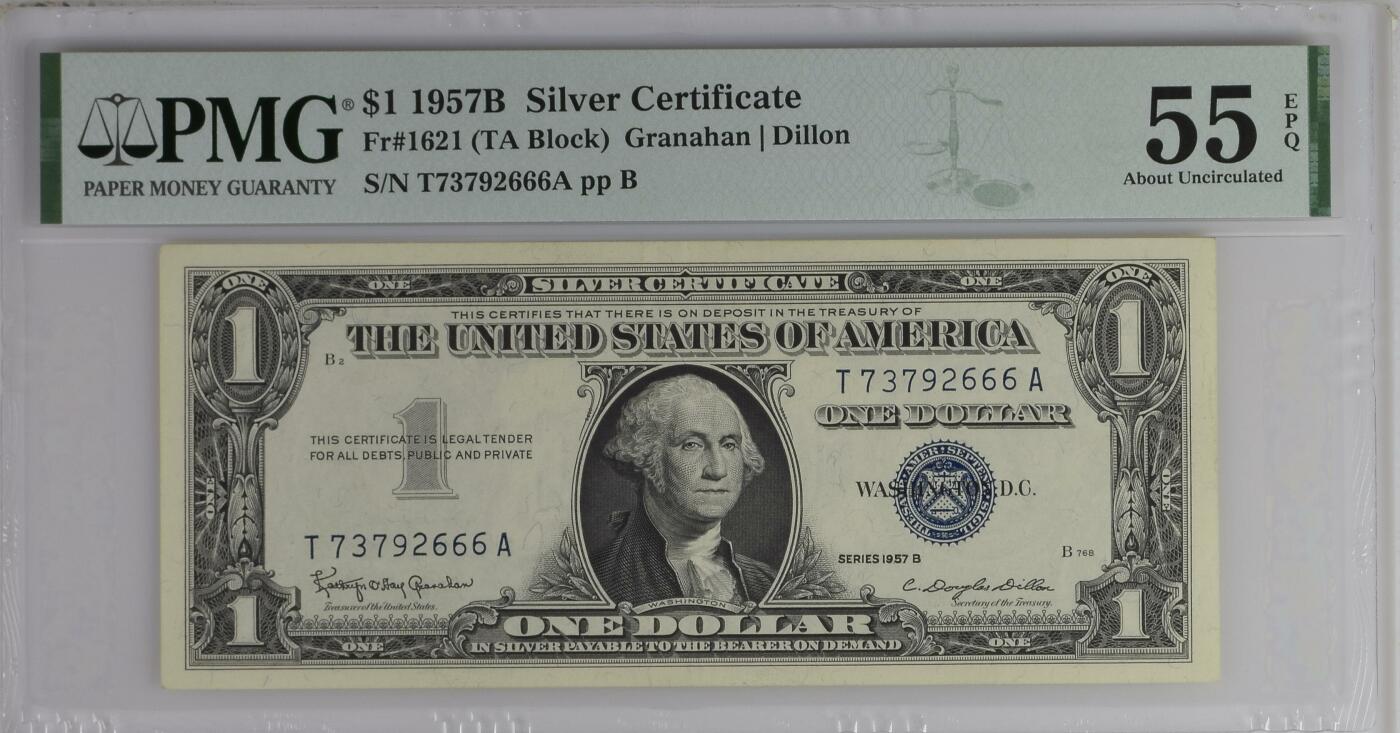 PMG美元专场 豹子6序列号:T73792666A 1美元蓝库印银圆券Silver Certificate, $1 1957B Small Size