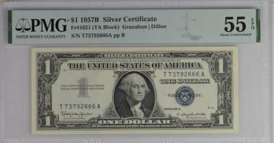 PMG美元专场 - 豹子6序列号:T73792666A 1美元蓝库印银圆券Silver Certificate, $1 1957B Small Size