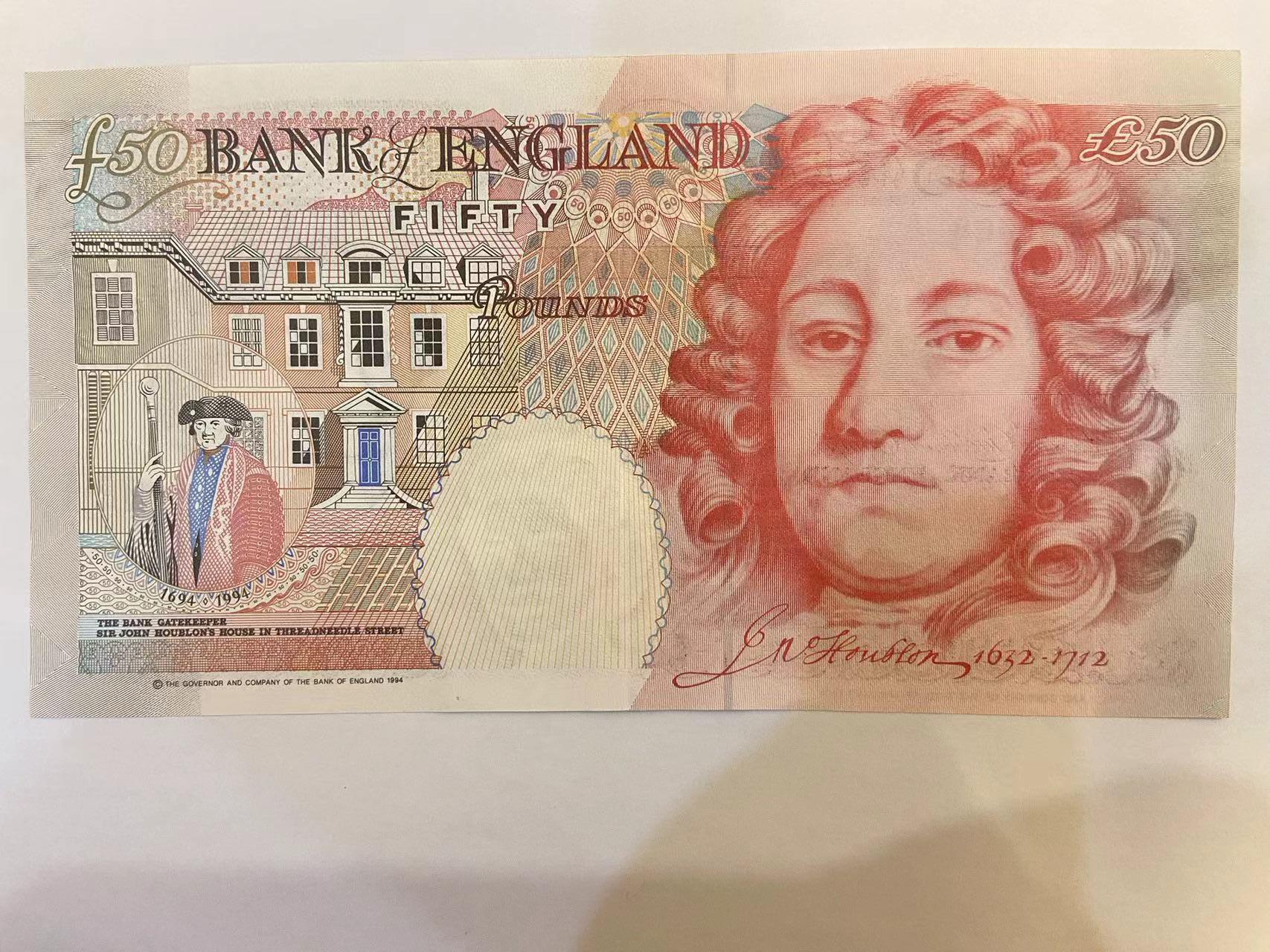 【炜奕收藏】旧钞专场，全场0+1，无最低佣金 英国E序列50磅纸币，AUC+品相，号码倒置号