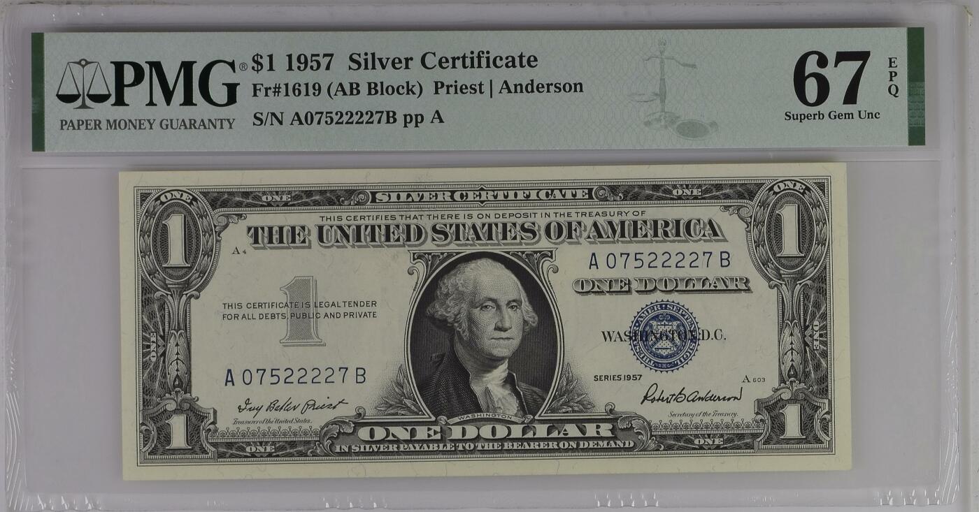 PMG美元专场 狮子身序列号:A07522227B 1美元蓝库印银圆券Silver Certificate, $1 1957 Small Size