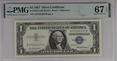 PMG美元专场 - 狮子身序列号:A07522227B 1美元蓝库印银圆券Silver Certificate, $1 1957 Small Size