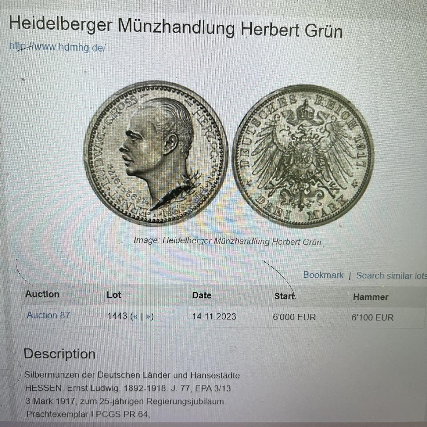NGC-PF65 1917黑森达姆斯塔特3马克银币名誉品精致CA状态