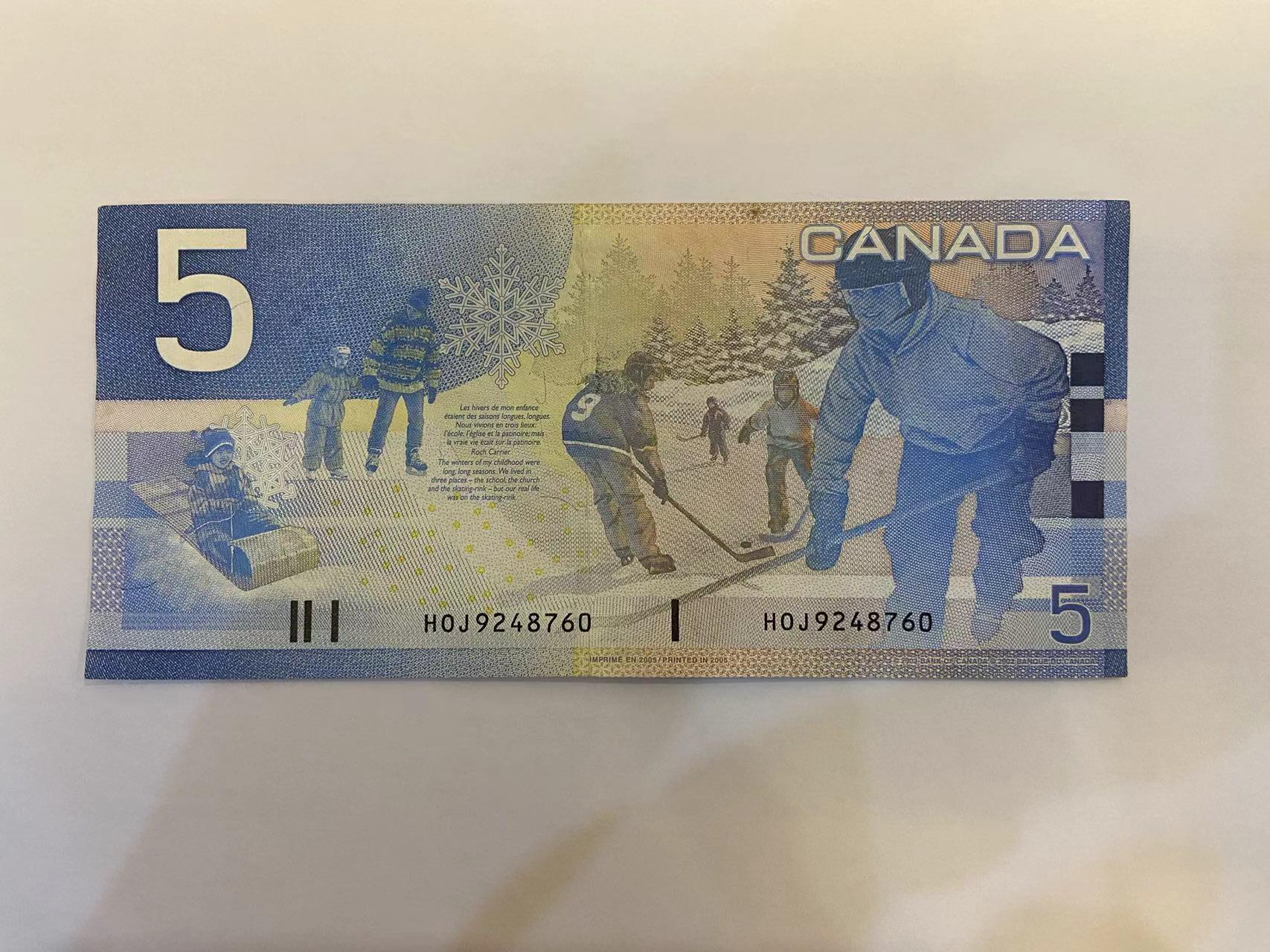 【炜奕收藏】旧钞专场，全场0+1，无最低佣金 加拿大旅版5元纸币，初版无全息条版，AUC品相