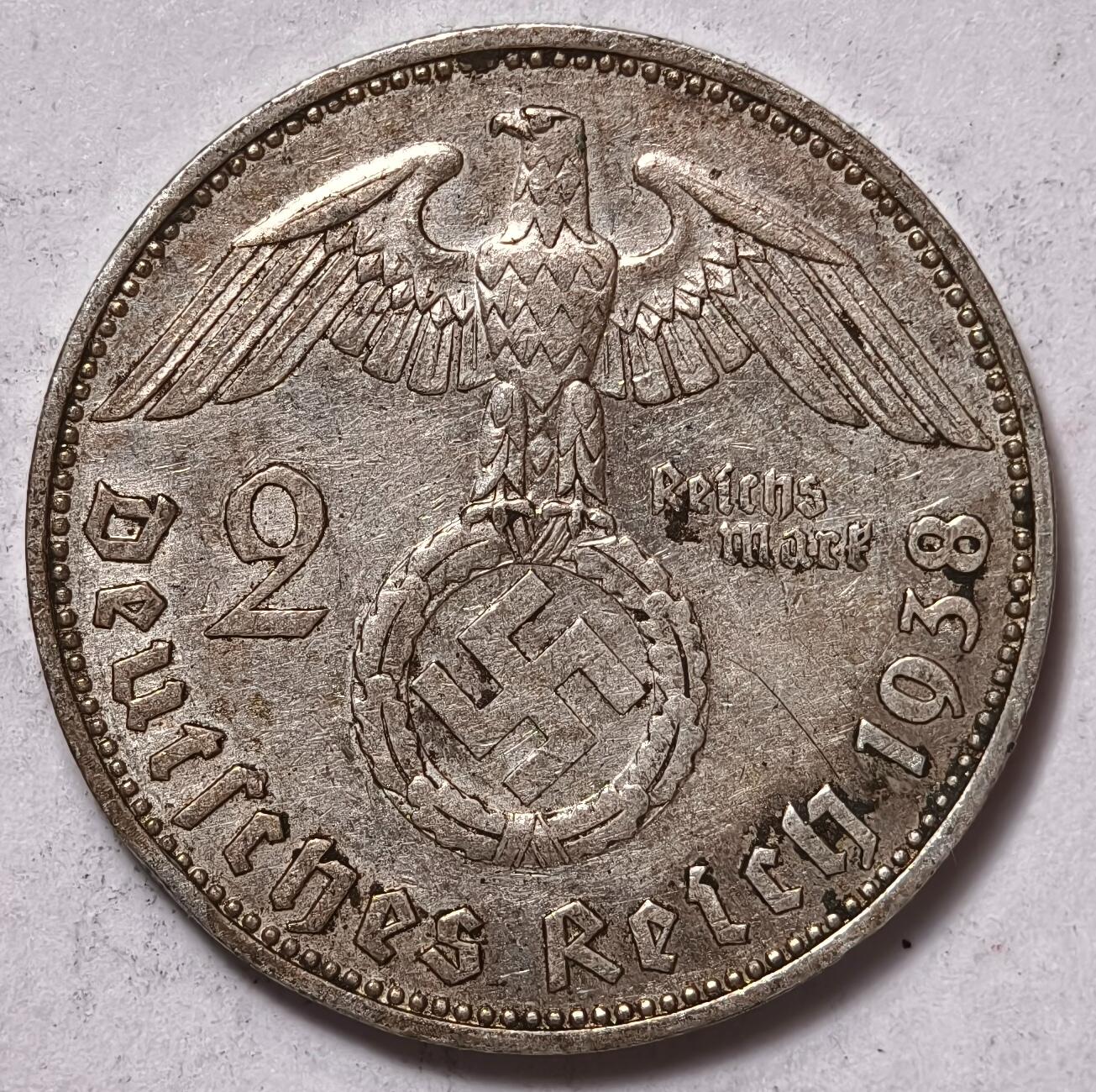 紫瑗钱币——第354期拍卖 德国 1938年 J版 兴登堡 字符 2马克 8克 0.625银