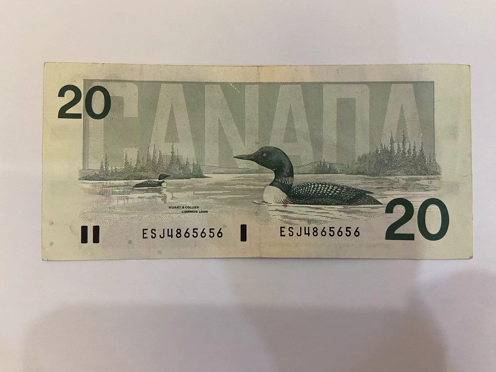 【炜奕收藏】旧钞专场，全场0+1，无最低佣金 早期加拿大鸟版20元纸币，XF品相