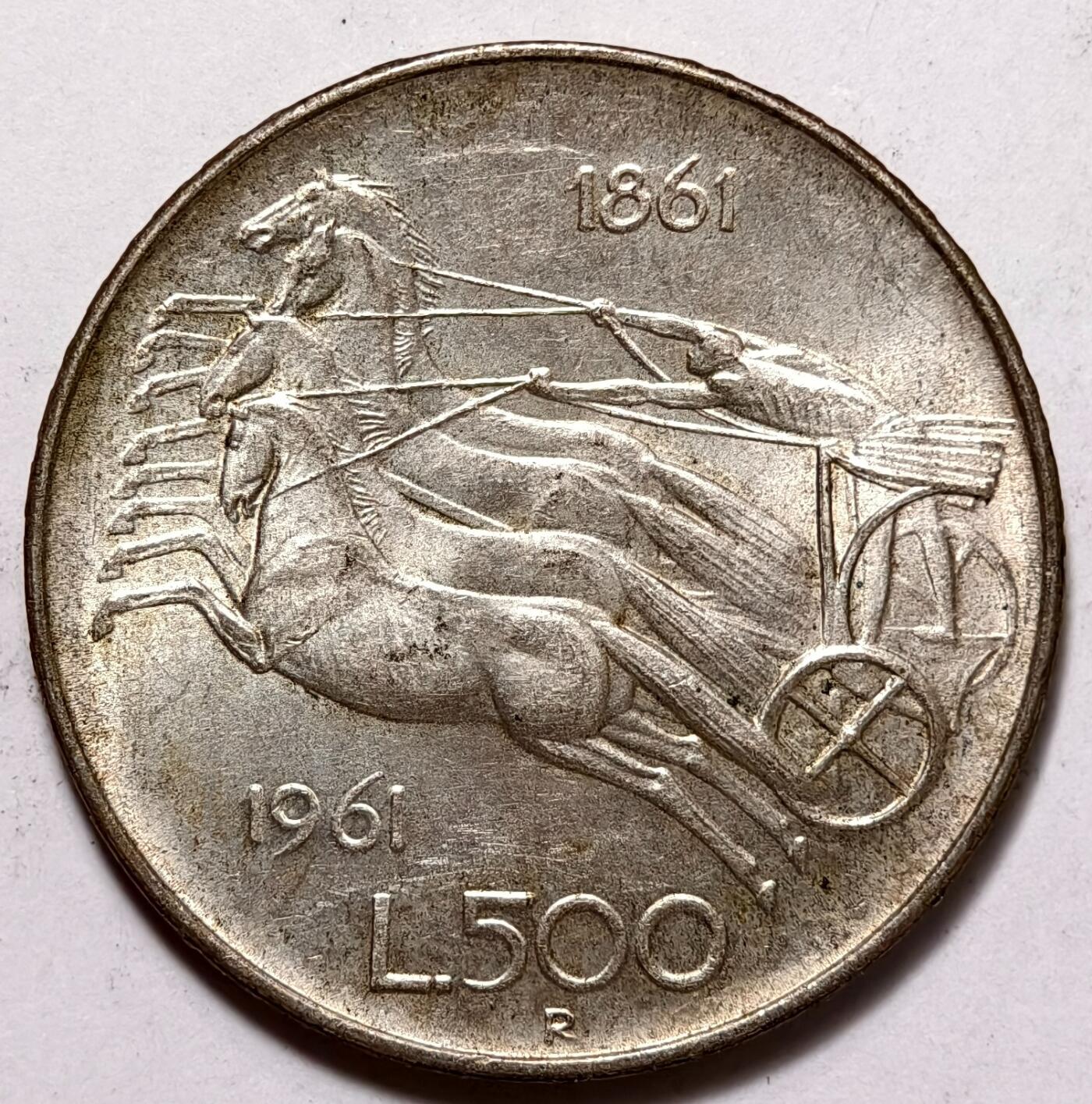 紫瑗钱币——第354期拍卖 意大利 1961年 马车 500里拉 11克 0.835银 UNC