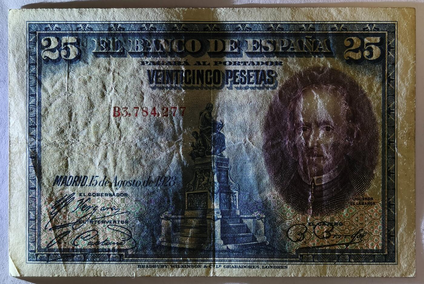 紫瑗钱币——第353期拍卖——纸币场 【双尾7】西班牙 1928年 卡尔德隆 25比塞塔 AU