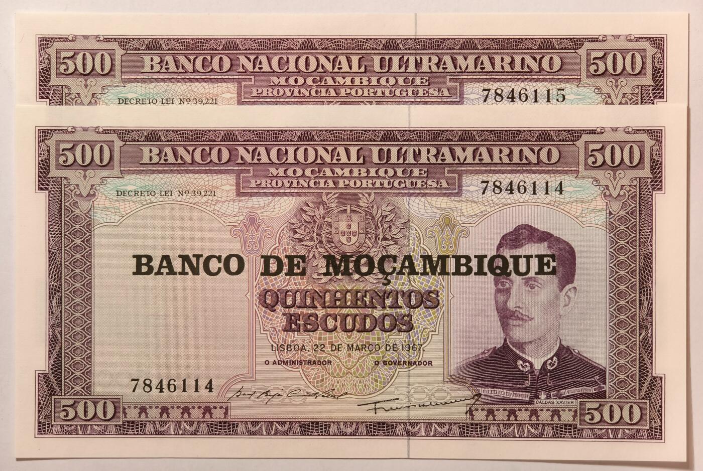 紫瑗钱币——第353期拍卖——纸币场 葡属莫桑比克 1967年 500埃斯库多 加盖 2张一组 UNC