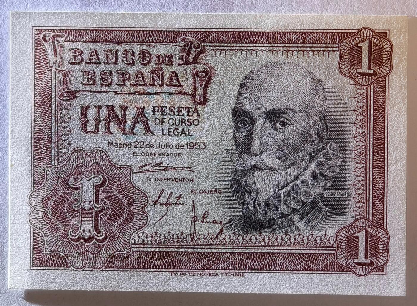 紫瑗钱币——第409期—纸币场 【豹子号7】西班牙 1953年 阿尔瓦罗 1比塞塔 UNC
