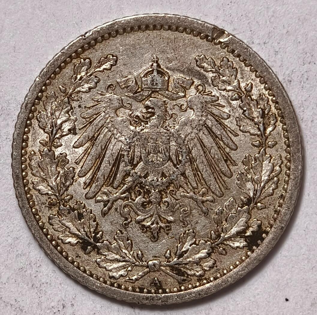 紫瑗钱币——第510期 德国 1913年 A版 第二帝国 1/2马克 银币 2.77克 0.9银