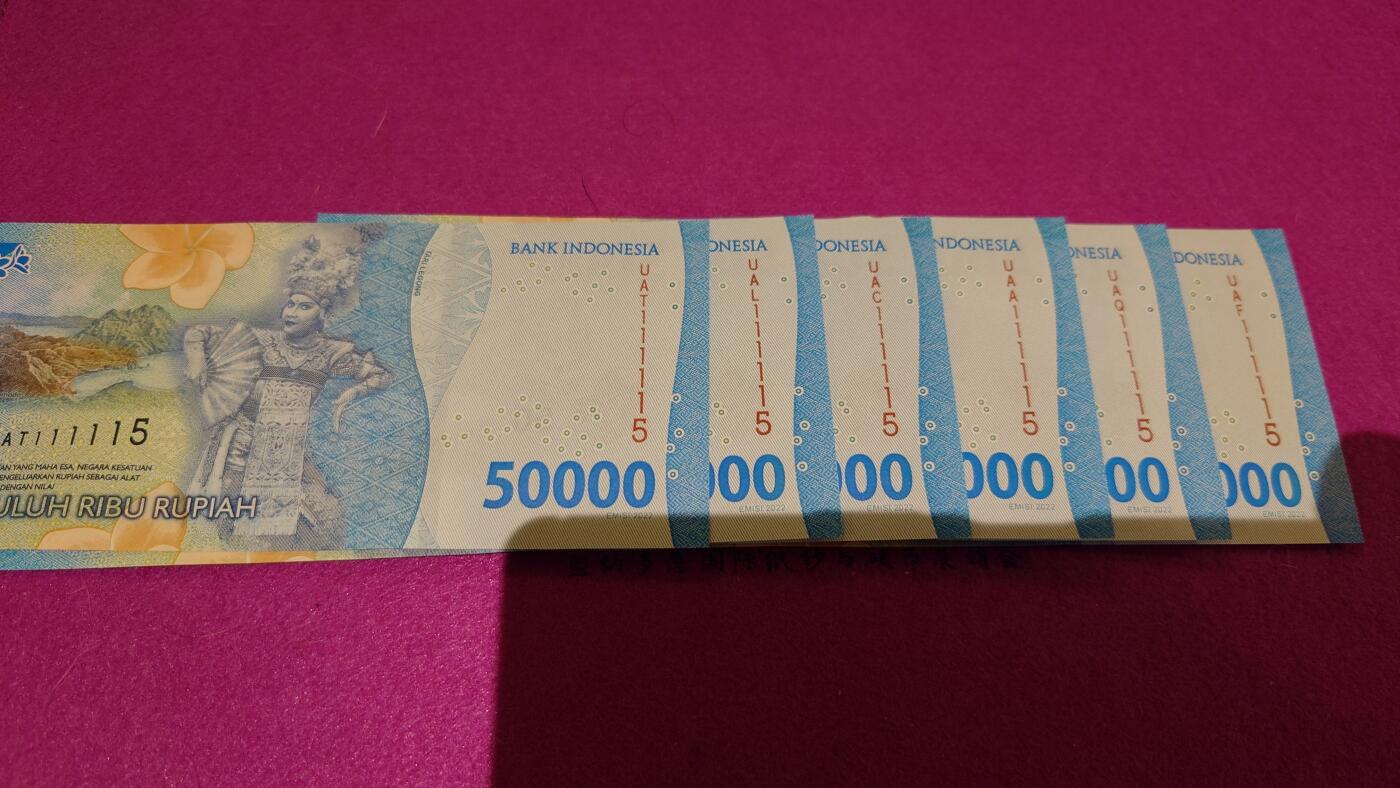 【世界钱币】精选微拍第107期暨2024年第18期  评级币裸钞混合版低价起拍 2022年印度尼西亚5万卢比 如图6张全同号为一件一起拍 全新绝品号码均为111115