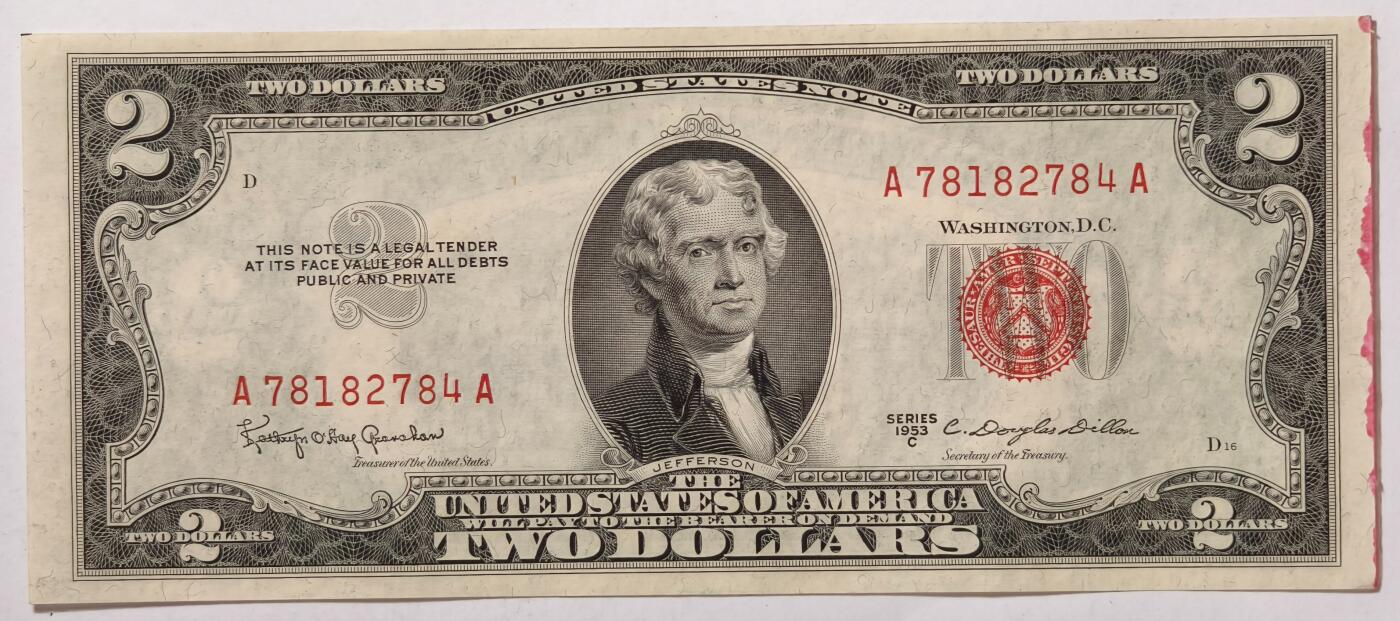 紫瑗钱币——第353期拍卖——纸币场 美国 1953年 C序列 托马斯·杰斐逊 2美元 红印 政府券 UNC-