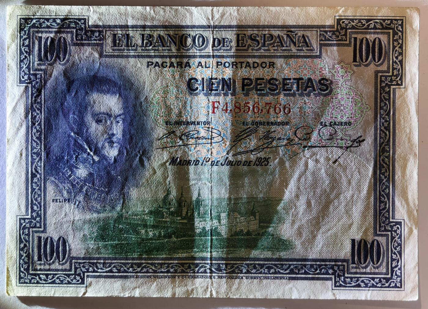 紫瑗钱币——第353期拍卖——纸币场 【双尾6】西班牙 1925年 油画《腓力二世的座椅》 100比塞塔 AU-