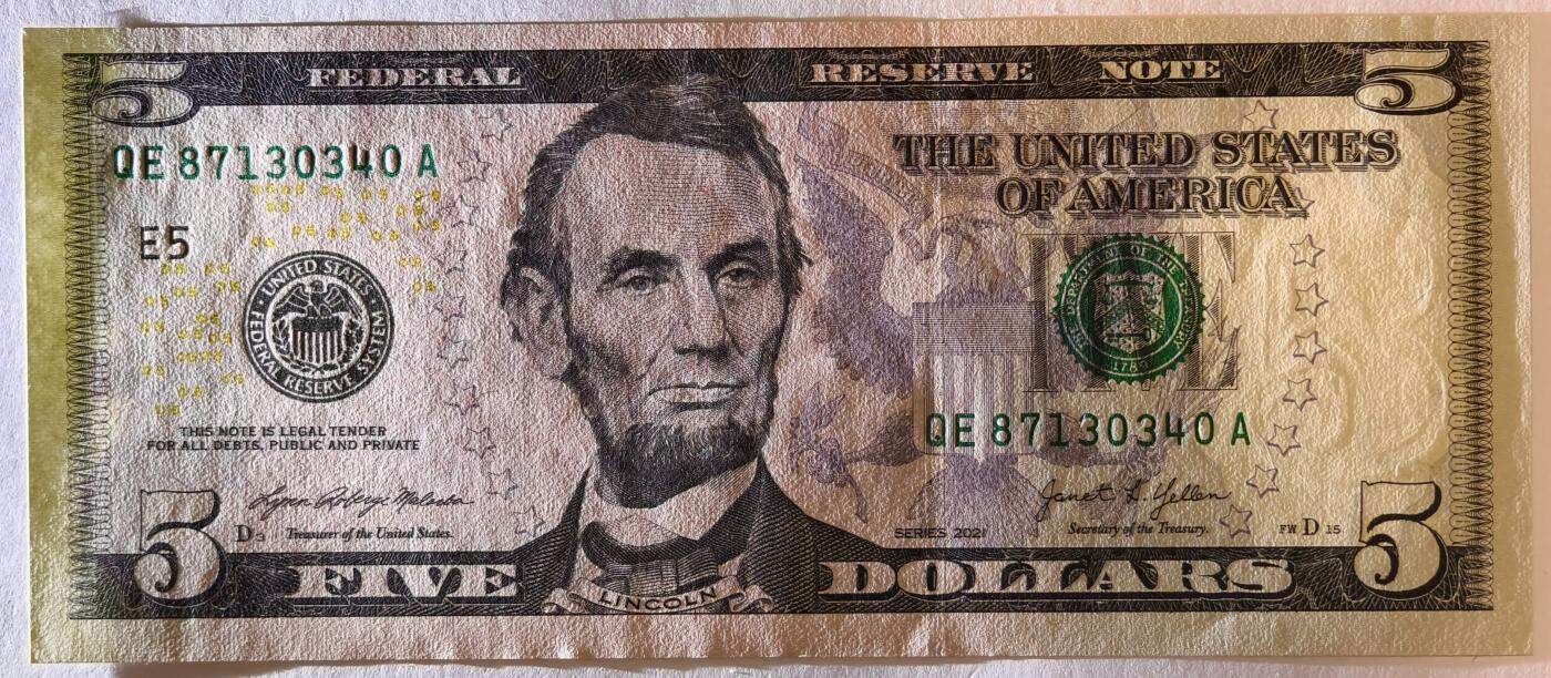 紫瑗钱币——第353期拍卖——纸币场 美国 2021年 E版 无序列 亚伯拉罕·林肯 5美元 彩色版 UNC