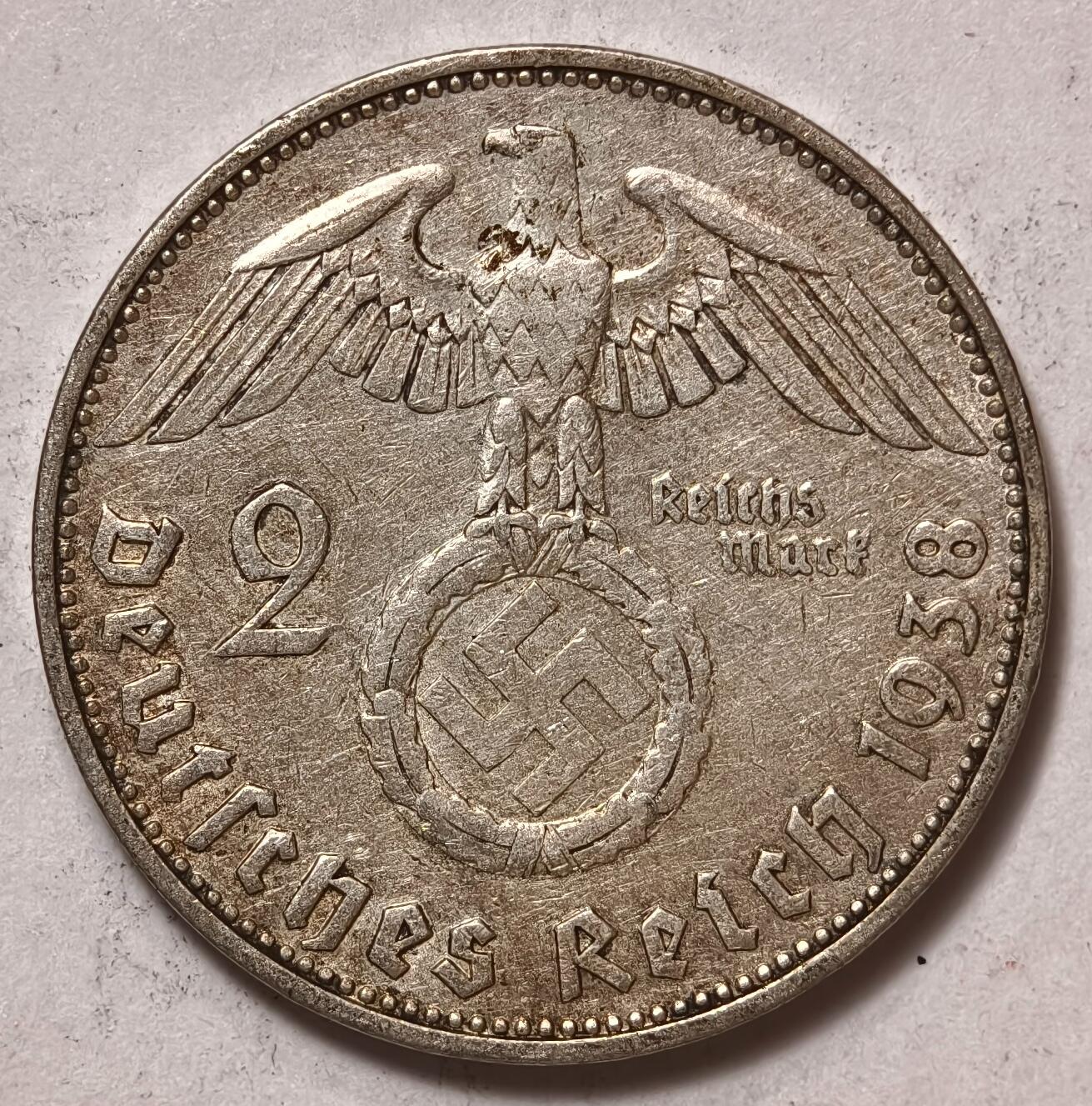 紫瑗钱币——第354期拍卖 德国 1938年 F版 兴登堡 字符 2马克 8克 0.625银