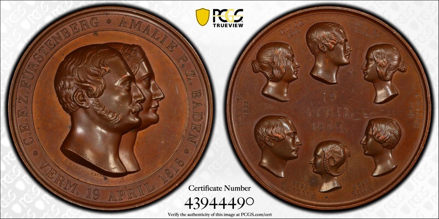 PCGS-SP63 1843巴登全家福大铜章唯一冠军