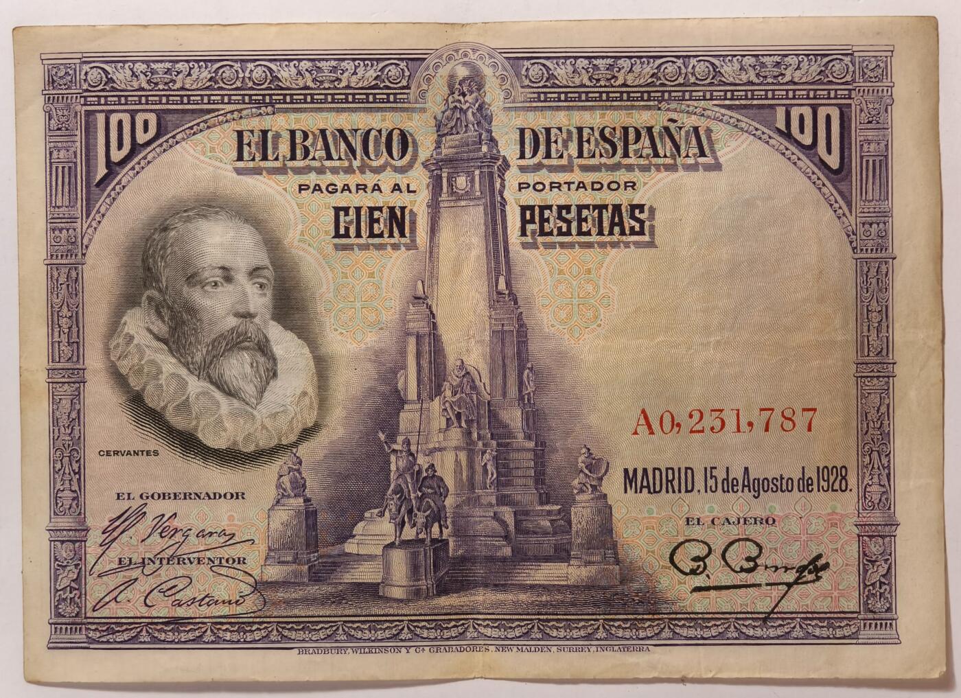紫瑗钱币——第353期拍卖——纸币场 西班牙 1928年 中央银行 油画《唐吉坷德》 100比塞塔 AU