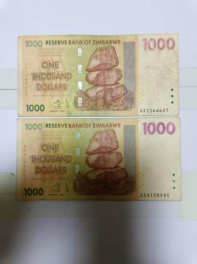 【20240526】非全新纸币第139场 - 津巴布韦1000元2张纸币，有裂缝，首张尾号637。全新单价35元。