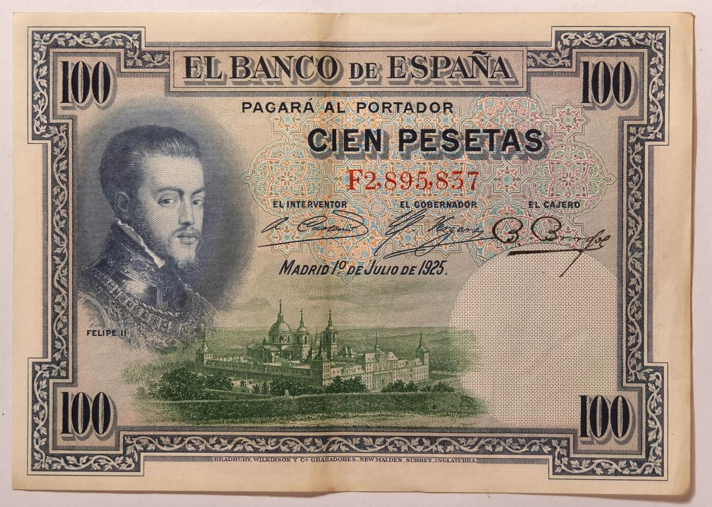 紫瑗钱币——第353期拍卖——纸币场 西班牙 1925年 油画《腓力二世的座椅》 100比塞塔 AU